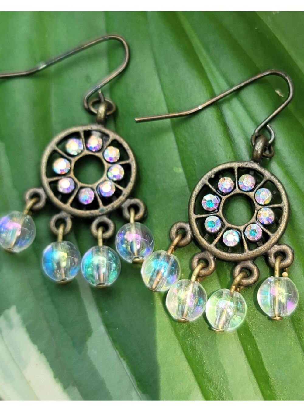 Vintage Iridescent AB Rhinestone and Bead Antique Gold Tone Chandelier Earrings